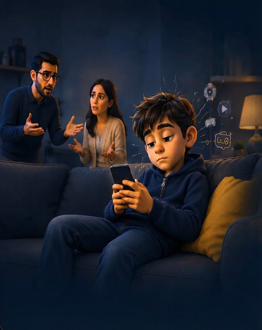 طفل منشغل بالهاتف بينما تتكرر حوله نصائح التركيز